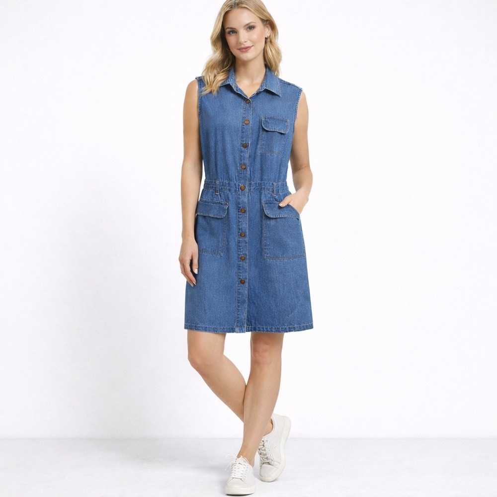 Gloria Vanderbilt VTG 90s Y2K Denim Jean Dress Collared‎ Button Front Pockets M